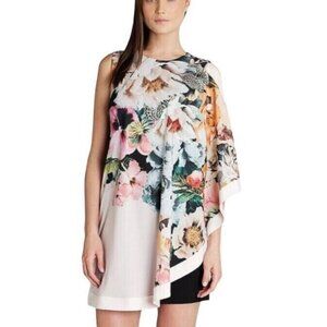 Ted Baker Tazzmyn Floral Dress Size 2 US 6 Scarf Drape Front Overlay Sleeveless